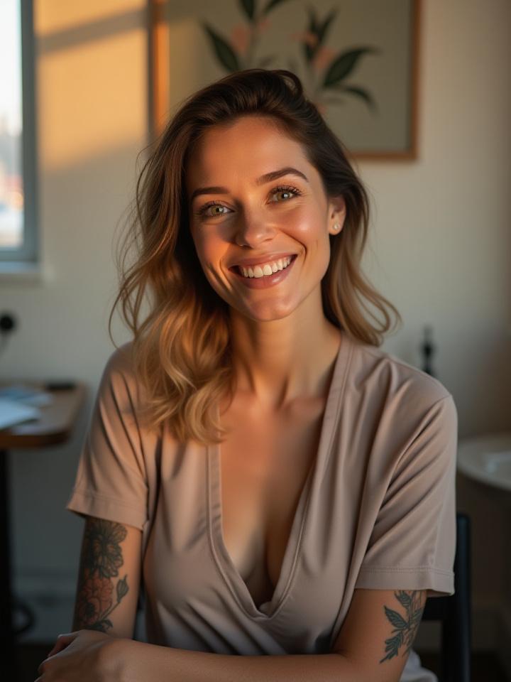 Sheila M Rose, fine line and minimalist tattoo artist, smiling in her serene studio.