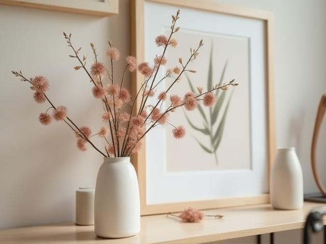 Close-up of artistic decor, such as a delicate botanical print or a fine art piece, in the studio.
