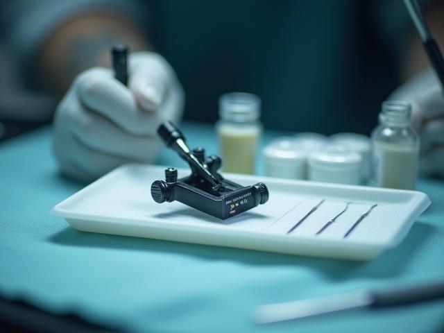 Clean and sterile fine line tattoo station with single needle machine.