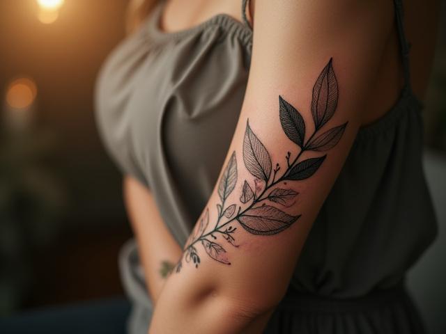 Detailed botanical half-sleeve featuring intertwined leaves and tiny blossoms, showcasing complex fine line work.