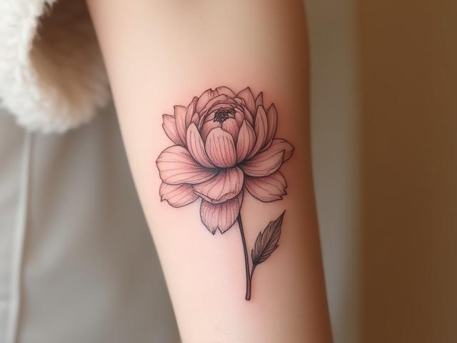 Fine line peony tattoo on a client's forearm, showcasing soft petals and clean lines.