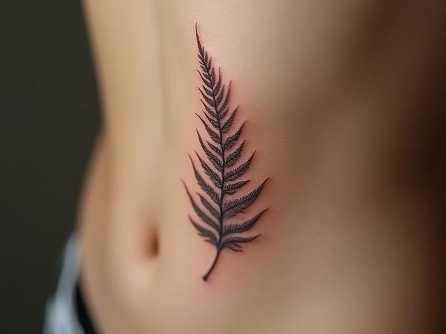 Micro-realistic fern tattoo on a ribcage, displaying intricate leaf textures and delicate shading.
