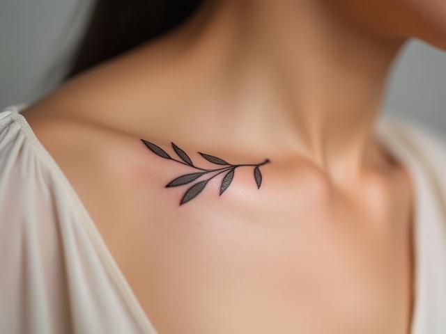 Minimalist olive branch tattoo on a collarbone, featuring elegant curves and tiny leaves.