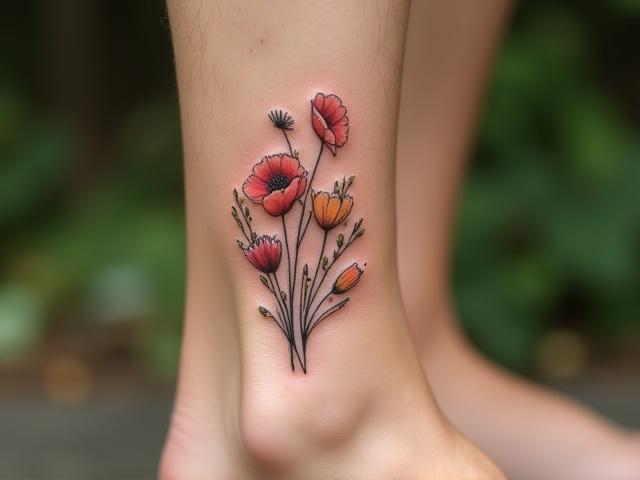 Cluster of fine line wildflowers tattooed on an ankle, with varied heights and delicate stems.