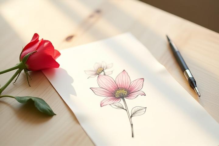 Flat-lay arrangement showing a fresh rose petal, a hand-drawn botanical sketch, and a close-up of a delicate completed tattoo.