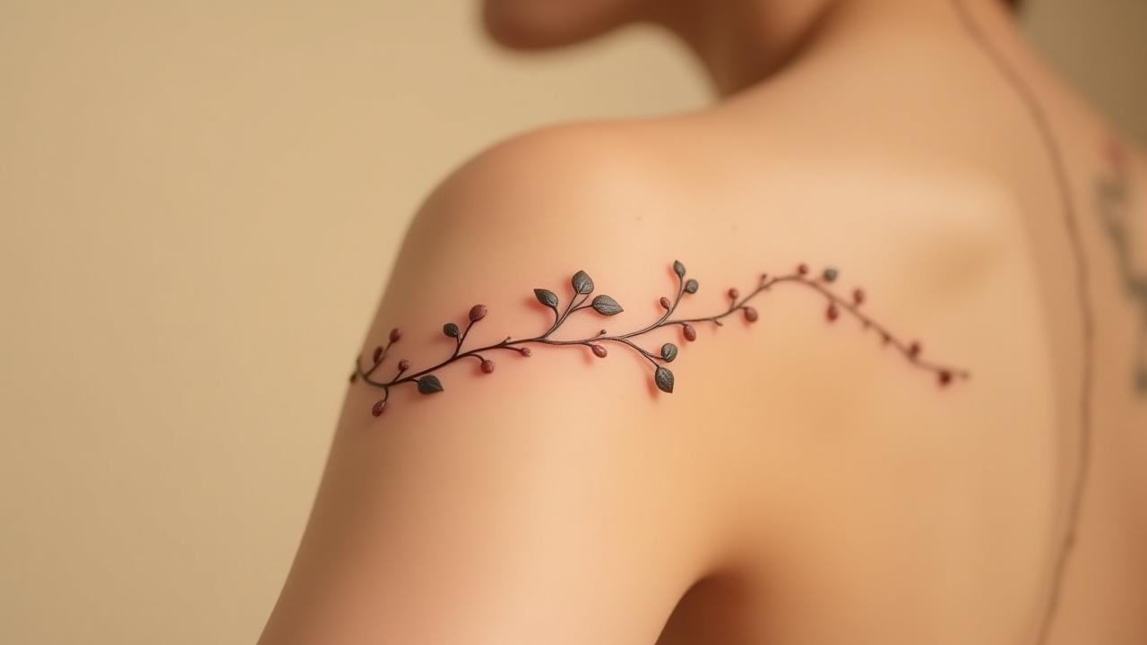 Delicate fine line botanical tattoo wrapping gracefully around a client's arm, showcasing intricate leaf and floral details.