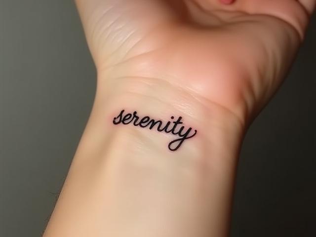 Small script tattoo 'serenity' on a wrist
