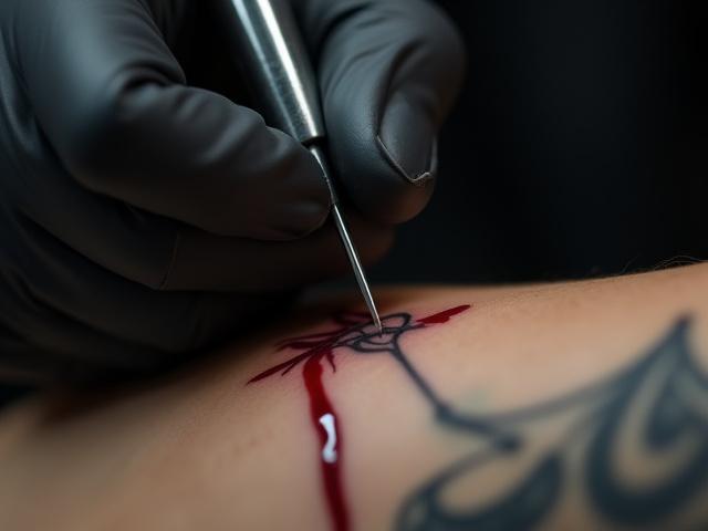 Close-up view of a tattoo artist's hand delicately working a single needle on skin, demonstrating fine line technique.