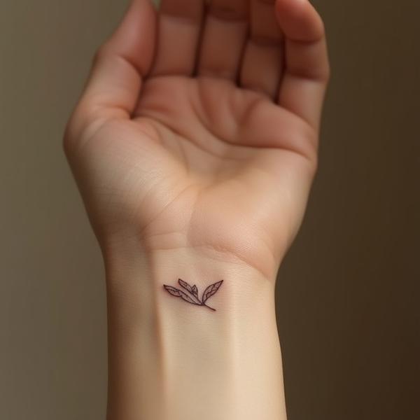 Fine line hand poked botanical tattoo of a leafy branch on a wrist
