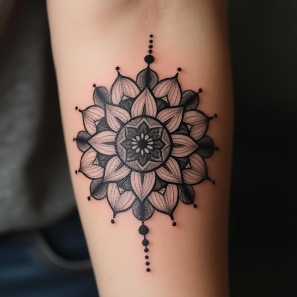 Delicate hand poked mandala tattoo on an arm, showcasing intricate dot work and soft shading