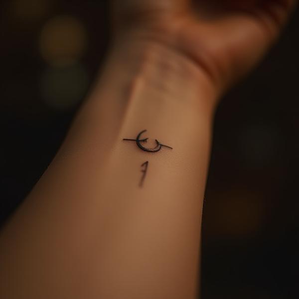 Minimalist hand poked ancient symbol tattoo on a wrist, quiet and meaningful
