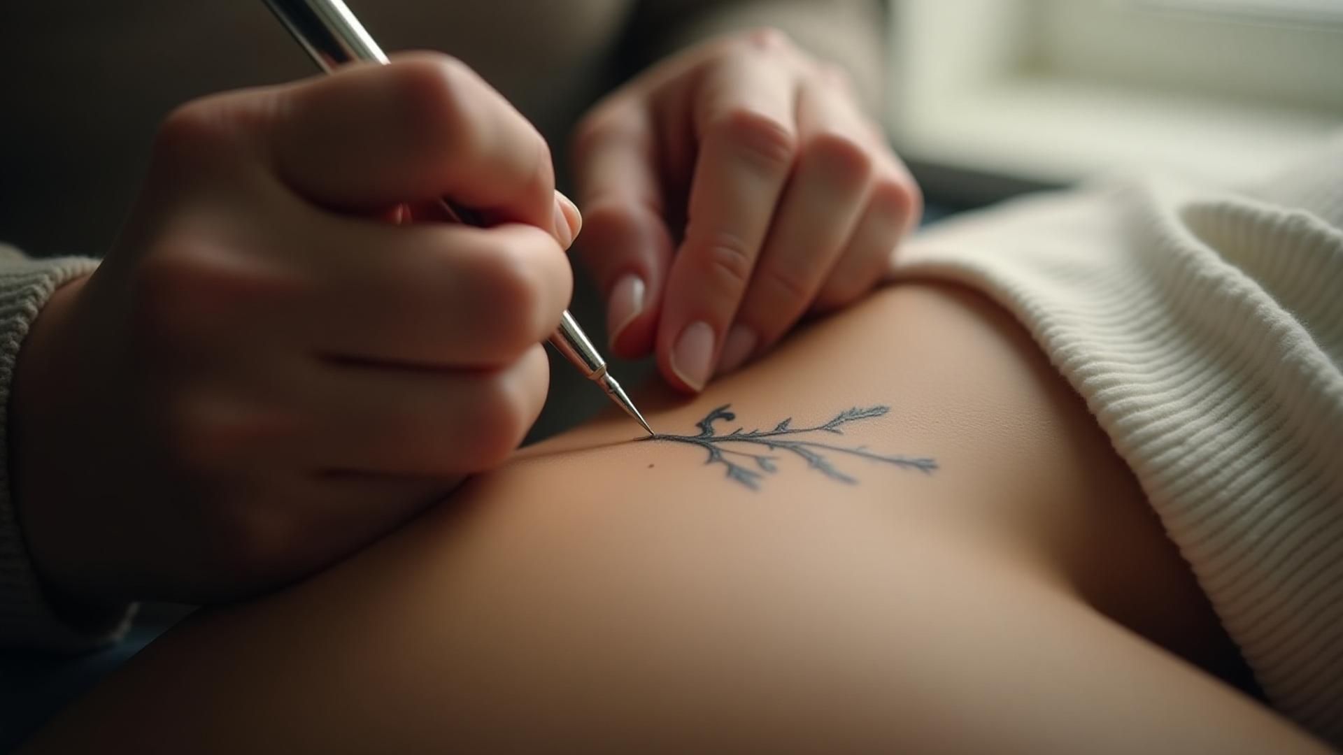 Close-up of a hand gently tattooing a delicate floral design on skin using the hand poked method, ambient, focused light