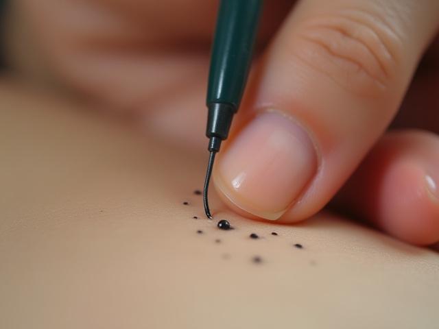 Close-up of an artist's hands holding a hand poking tattoo tool, gently applying ink to skin dot by dot, clean, focused