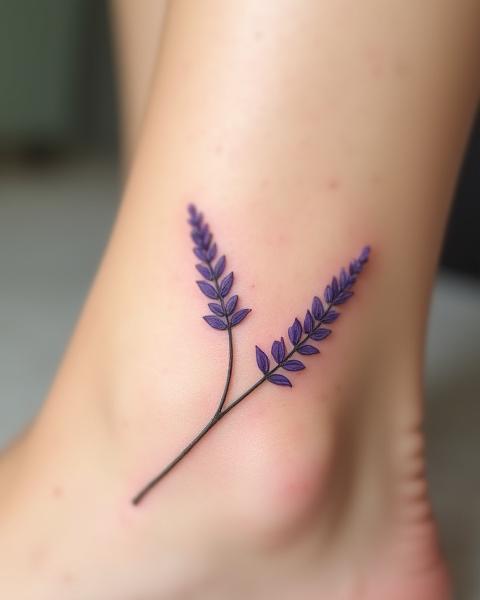 Fine line lavender sprig tattoo on ankle