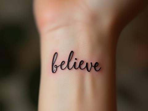 Dainty script tattoo 'believe' on wrist