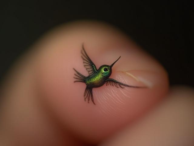 Tiny, realistic tattoo of a hummingbird in flight