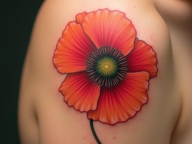 Micro-realistic tattoo of a poppy flower on skin, rendered with fine lines and subtle shading