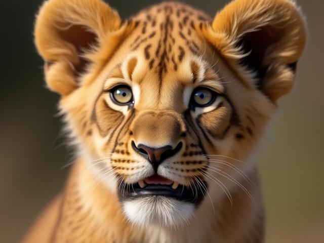 Reference photo of a lion cub's face, detailed with soft fur and expressive eyes