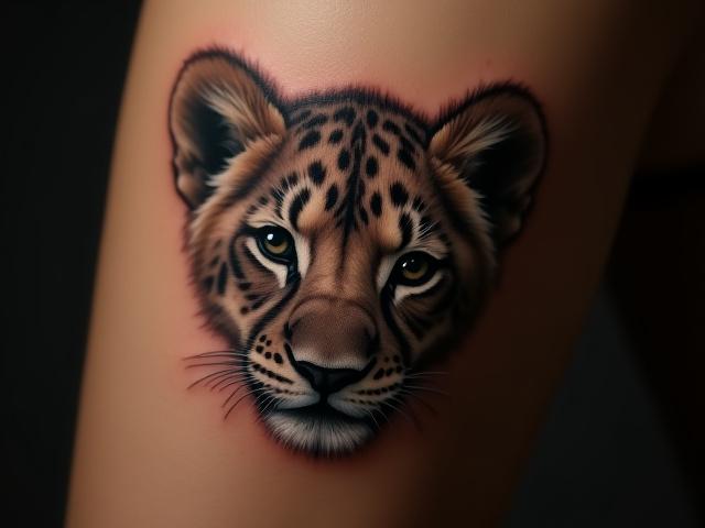 Micro-realistic tattoo of a lion cub's face on skin, replicating the fine details of fur and eyes