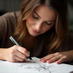 Sheila M Rose, focused intently on sketching a delicate minimalist tattoo design in her studio.