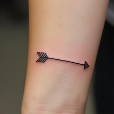 A fine-line arrow tattoo on the wrist, symbolizing direction and progress.