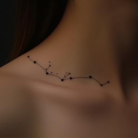 A subtle constellation tattoo on the collarbone, connecting meaningful stars.