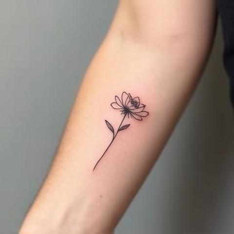 A delicate single-line floral design on the forearm, showcasing botanical grace.