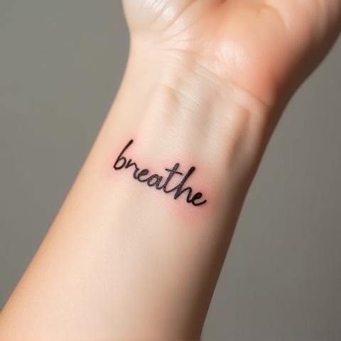 Dainty script lettering 'breathe' on the wrist, executed with precision.