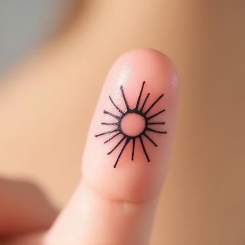 A small, stylized sun symbol on a finger, a minimalist emblem of light.
