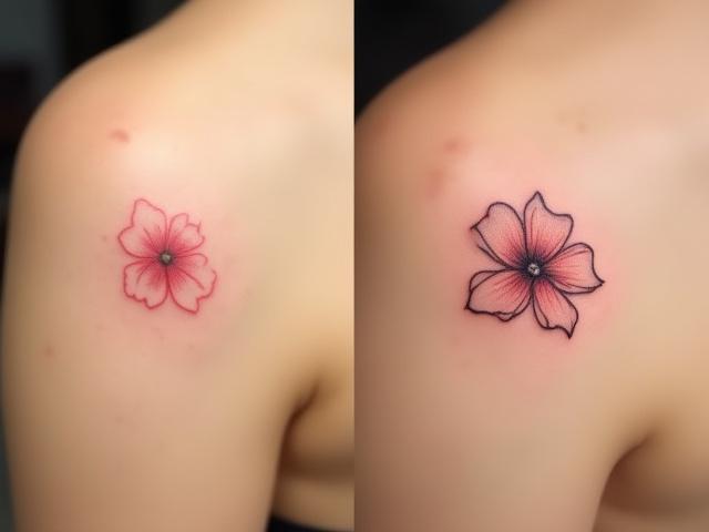 Two side-by-side images: fresh vs. 1-year healed fine line tattoo, showing minimal spread and crispness