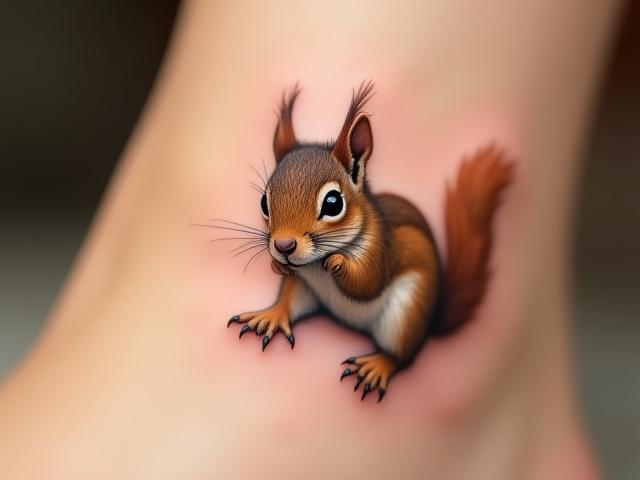 Tiny, detailed squirrel tattoo on an ankle, rich in micro-realism