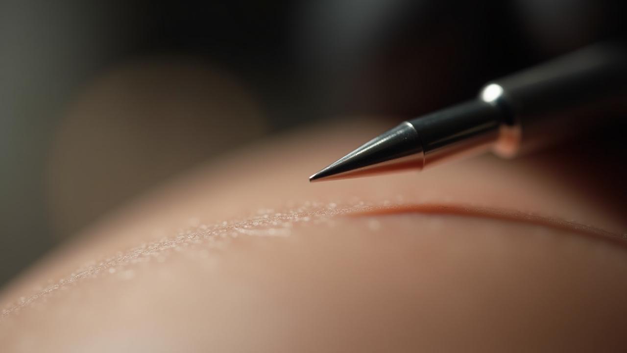 Extreme close-up of a single tattoo needle tip poised above skin, highlighting its ultra-fine point for precise tattooing