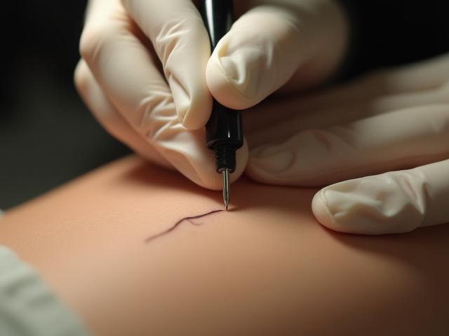 Artist's hand meticulously performing a single needle tattoo on client's skin