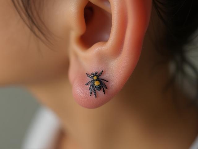 Tiny bee tattoo behind the ear, smaller than a dime.