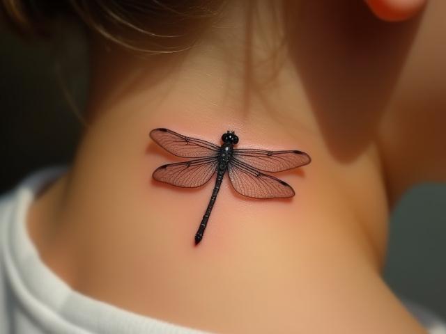 Delicate dragonfly tattoo on neck, detailed wings.