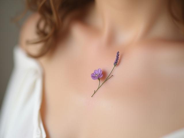 Tiny botanical flower tattoo on collarbone, fine line detail.