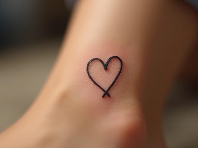 Small heart outline tattoo on the ankle, next to a grain of rice for scale.