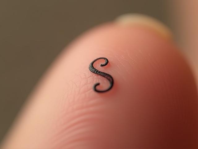 Delicate initial 'S' tattoo on inner finger, next to a fingernail for scale.