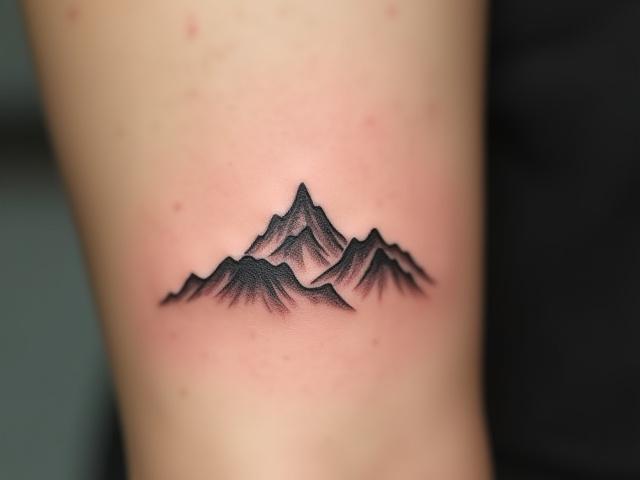 Micro mountain range tattoo on forearm, detailed with single needle technique.